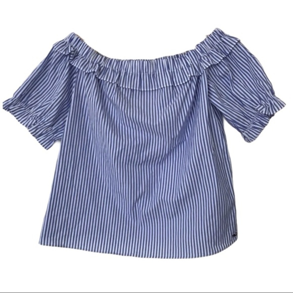 Vineyard Vines Seersucker Blue Top Off Shoulder XS